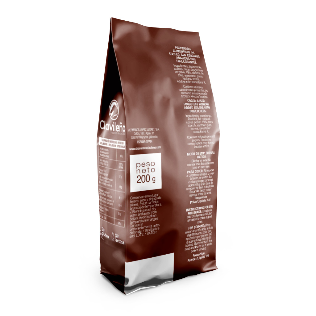 Preparado de cacao en polvo sin azucares añadidos trasera